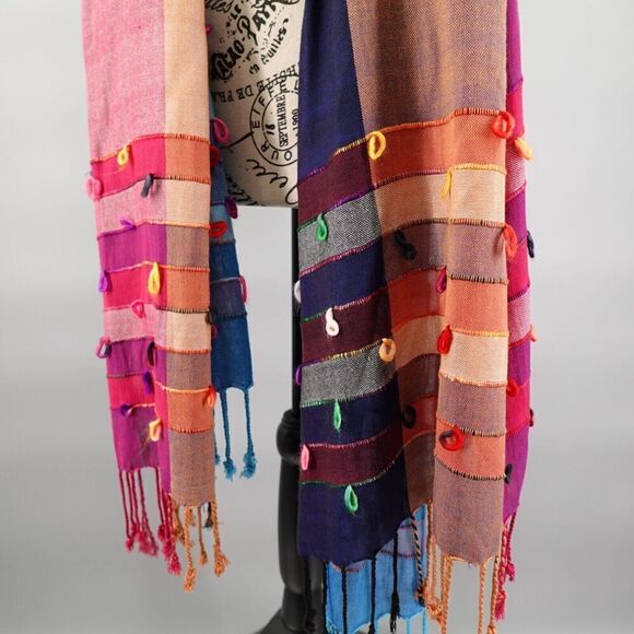 Womens Boho Scarf Wrap Womens OS Multi-color Fringe Shawl Artsy Lagenlook - Picture 4 of 12